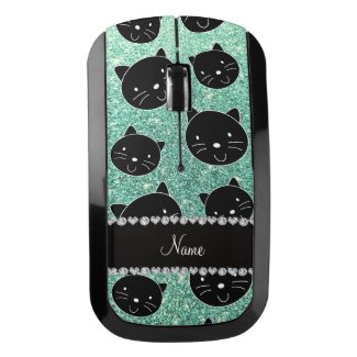 Custom name seafoam green glitter black cat faces wireless mouse