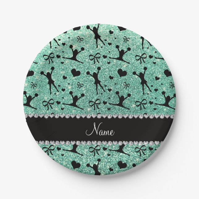 Custom name seafoam green glitter cheerleading paper plates (Front)