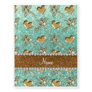 Custom name seafoam green glitter gold roses heart temporary tattoos