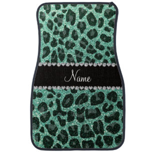 Custom name seafoam green glitter leopard print car floor mat