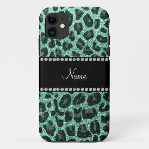 Custom name seafoam green glitter leopard print iPhone 11 case