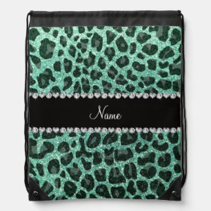 Custom name seafoam green glitter leopard print drawstring bag