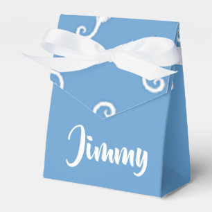 Custom name seahorses on blue favor boxes