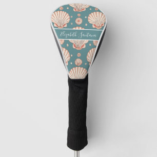 Custom Name Seashell Pattern on Teal Coastal Golf Head Cover