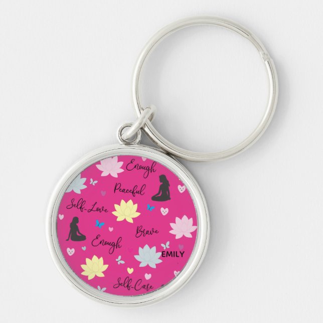 Custom Name Self Love Pink Floral  Keychain (Front)