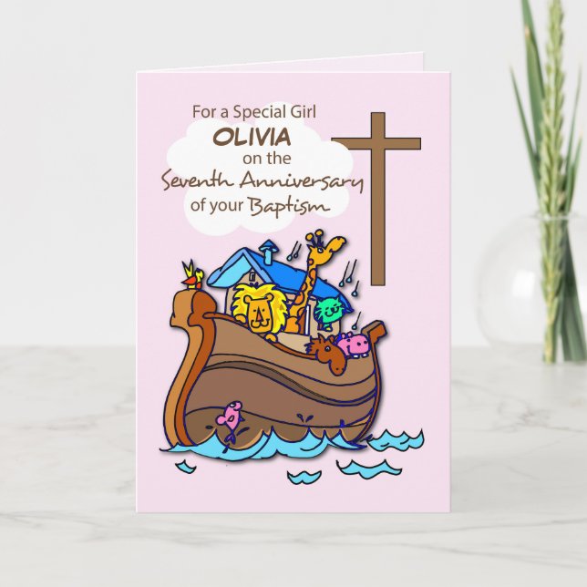 Custom Name Seventh Anniversary of Baptism Girl Card (Front)