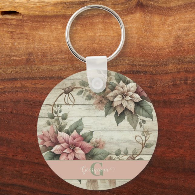 Custom Name Shabby Chic Pastel Poinsettias Garland Keychain (Front)
