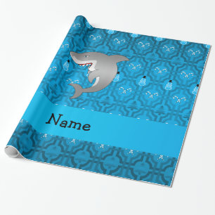 Custom name shark blue snowman trellis pattern wrapping paper