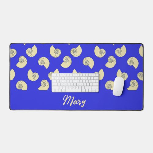 Custom name shells on blue desk mat