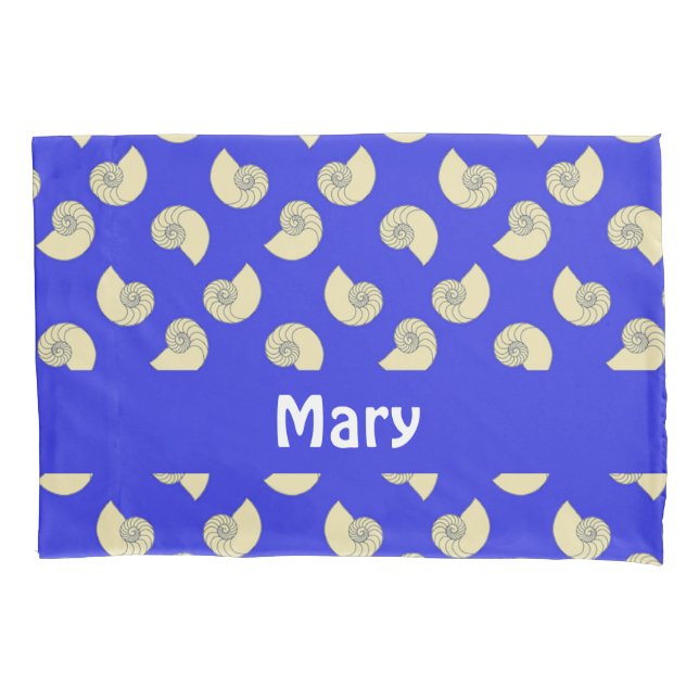 Custom name shells on blue pillow case (Front)