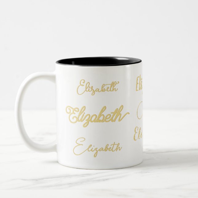 Custom Name Signature Monogram Elegant Gold Script Two-Tone Coffee Mug (Left)