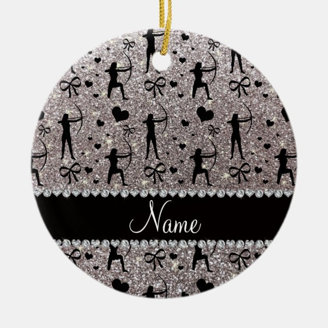 Custom name silver glitter archery ceramic ornament (Front)