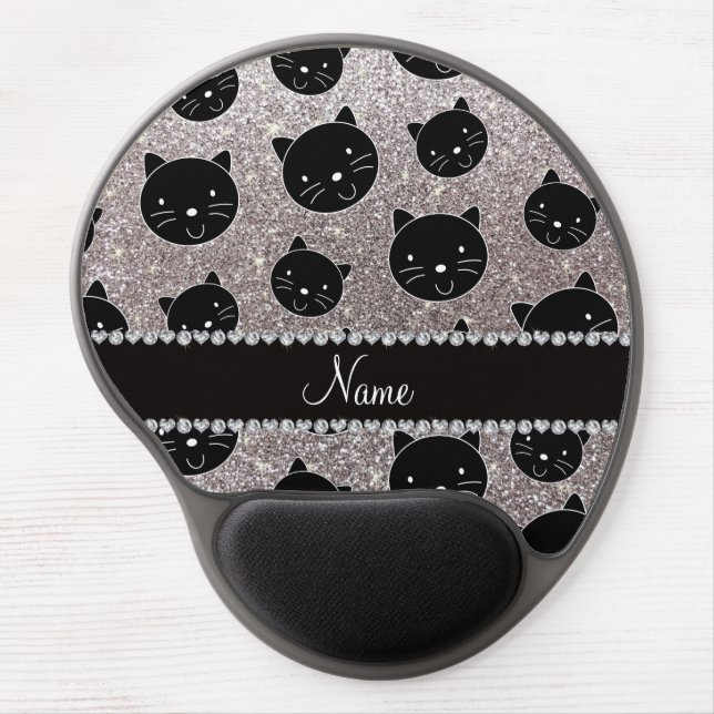 Custom name silver glitter black cat faces gel mouse pad (Front)