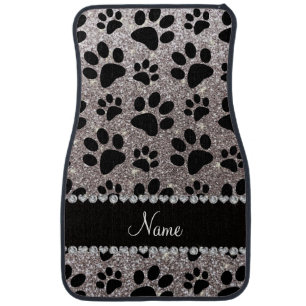 Custom name silver glitter black dog paws car mat
