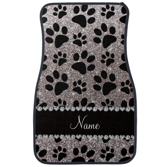 Custom name silver glitter black dog paws car mat (Front)