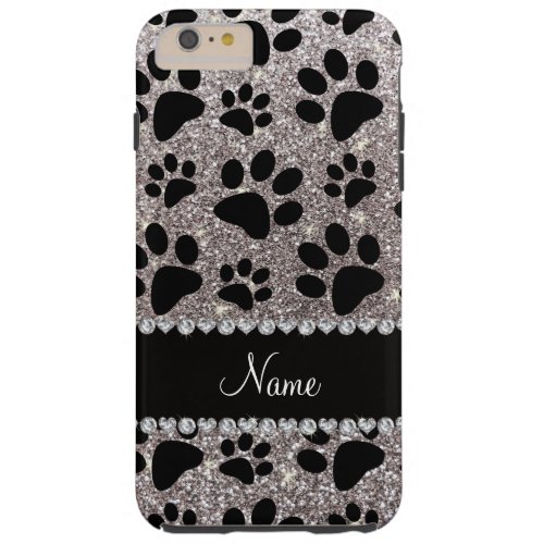 Custom name silver glitter black dog paws tough iPhone 6 plus case