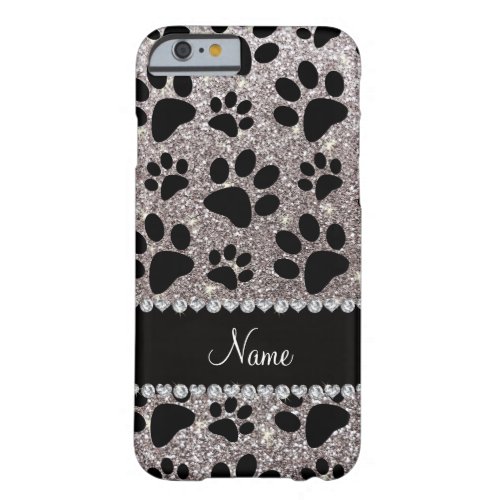 Custom name silver glitter black dog paws barely there iPhone 6 case