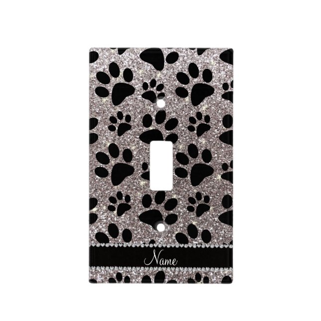 Custom name silver glitter black dog paws light switch cover (Front)