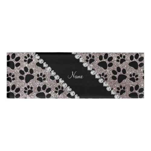 Custom name silver glitter black dog paws name tag