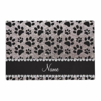 Custom Name Silver Glitter Black Dog Paws Placemat by Brothergravydesigns at Zazzle