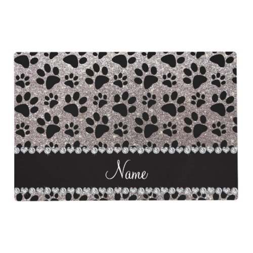 Custom name silver glitter black dog paws placemat