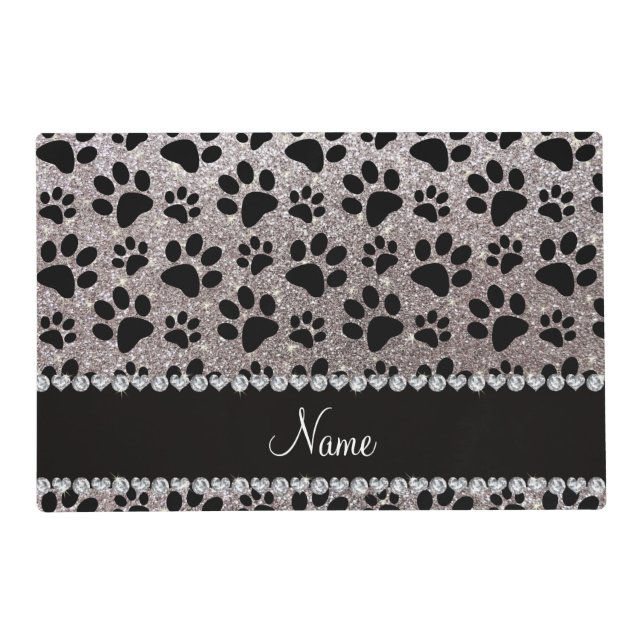 Custom name silver glitter black dog paws placemat (Front)