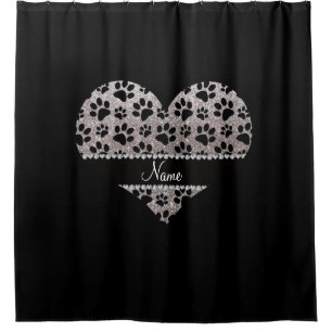 Custom name silver glitter black dog paws shower curtain
