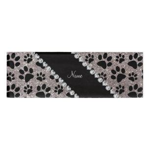 Custom name silver glitter black dog paws tag