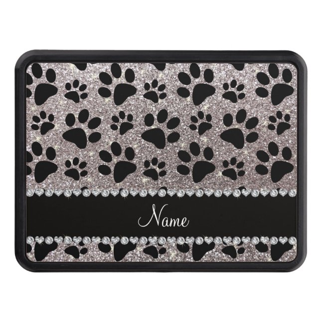 Custom name silver glitter black dog paws tow hitch cover (Front)