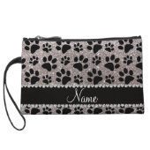 Custom name silver glitter black dog paws wristlet wallet (Back)