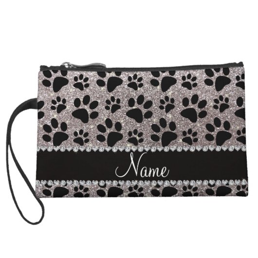 Custom name silver glitter black dog paws wristlet wallet (Back)