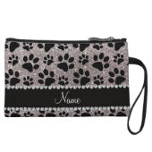Custom name silver glitter black dog paws wristlet wallet (Front)