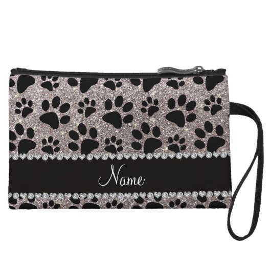 Custom name silver glitter black dog paws wristlet wallet (Front)