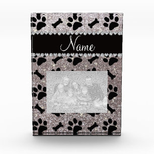 Custom name silver glitter bones dog paws acrylic award