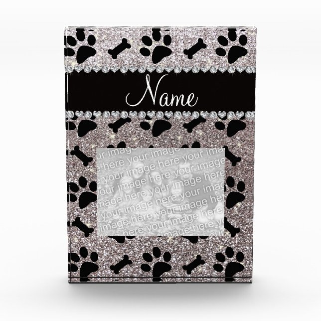 Custom name silver glitter bones dog paws acrylic award (Front)