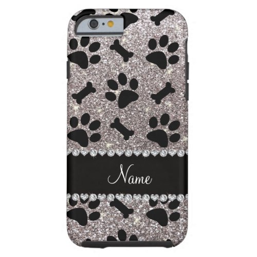 Custom name silver glitter bones dog paws tough iPhone 6 case