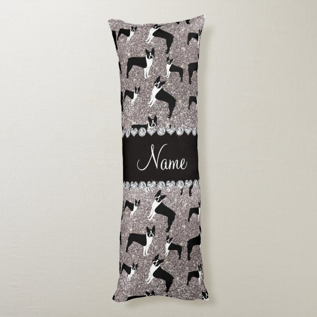 Custom name silver glitter boston terrier body pillow (Back (Vertical))