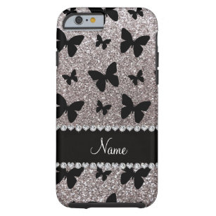 Custom name silver glitter butterflies tough iPhone 6 case