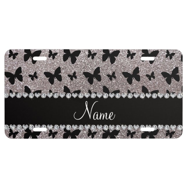 Custom name silver glitter butterflies license plate (Front)