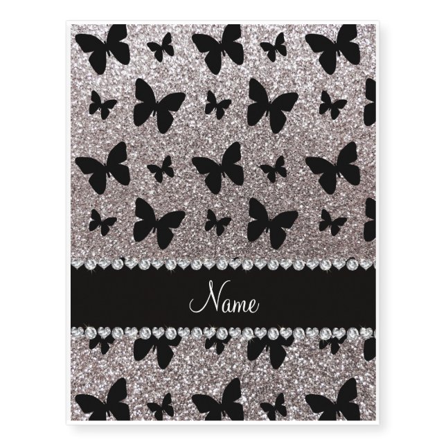 Custom name silver glitter butterflies temporary tattoos (Front)