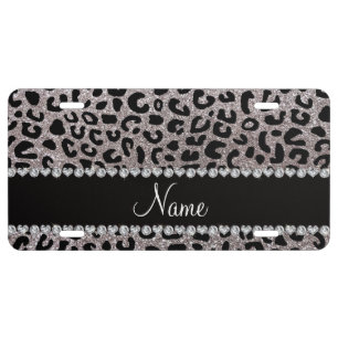Custom name silver glitter cheetah print license plate