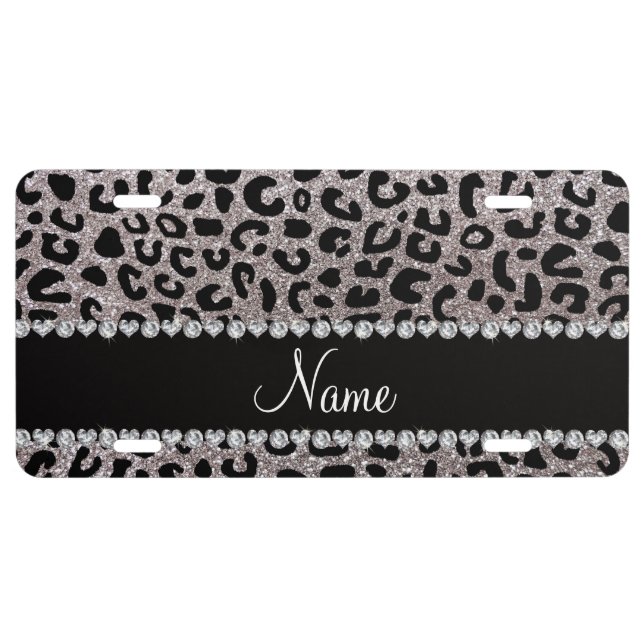 Custom name silver glitter cheetah print license plate (Front)