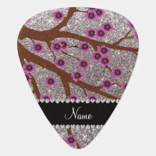 Custom name silver glitter cherry blossoms guitar pick