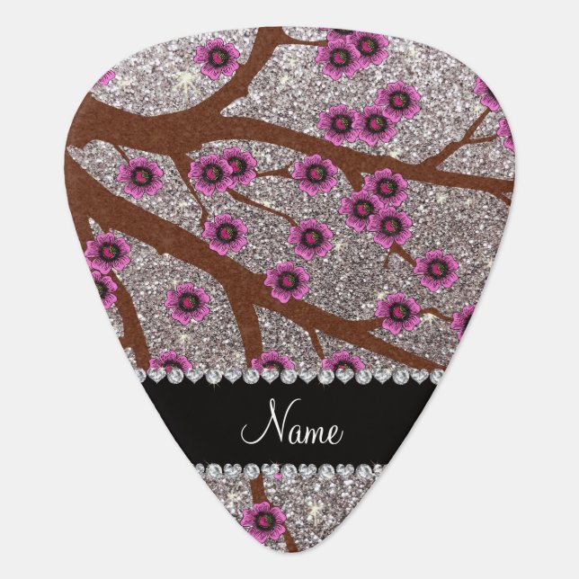 Custom name silver glitter cherry blossoms guitar pick (Front)