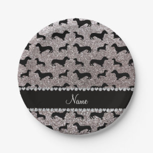 Custom name silver glitter dachshunds paper plates