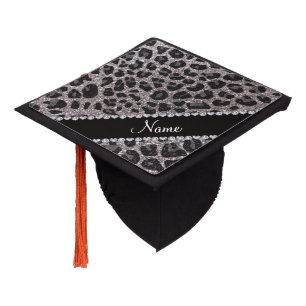 Custom name silver glitter leopard spots graduation cap topper
