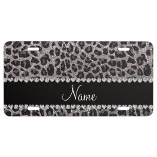 Custom name silver glitter leopard spots license plate