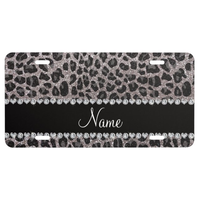 Custom name silver glitter leopard spots license plate (Front)