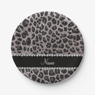 Custom name silver glitter leopard spots paper plates
