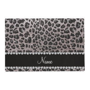 Custom name silver glitter leopard spots placemat